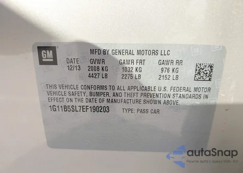 2014 Chevrolet Malibu Ls из США, поврежденный, VIN 1G11B5SL7EF190203